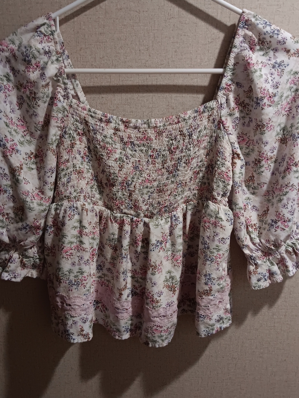 Tinseltown Cream Floral Smocked Peasant Crop Top with Pink Accents